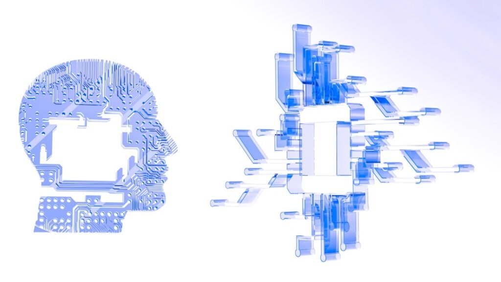 Ilustración tecnológica de inteligencia artificial que representa agentes de ChatGPT Work conectando herramientas y tareas