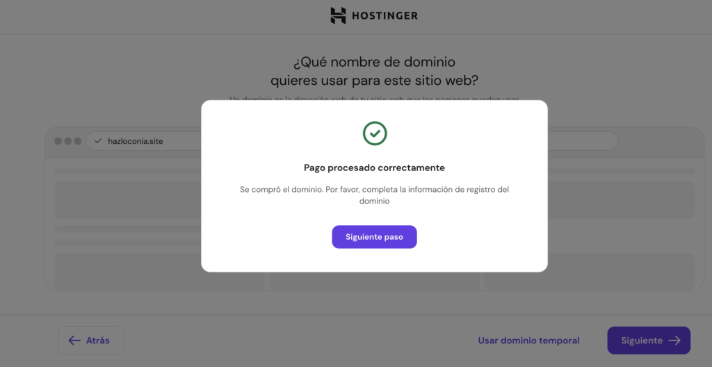 Confirmación de compra del dominio hazloconia.site en Hostinger