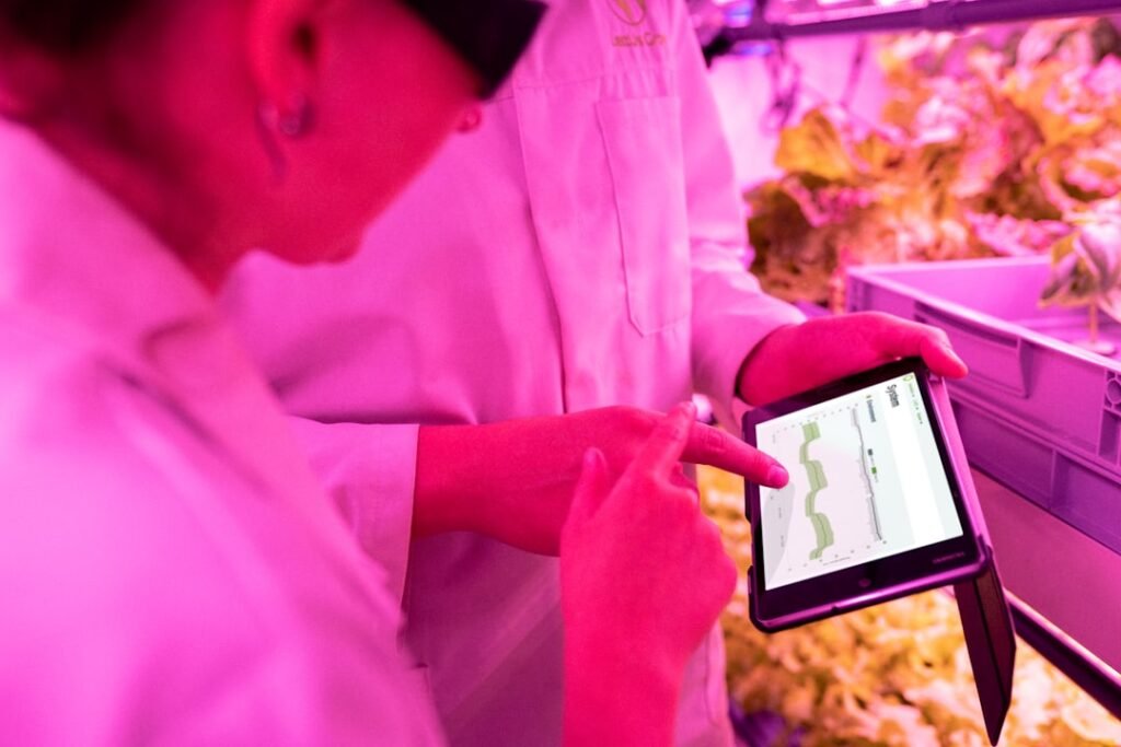 Especialistas utilizan tecnología en un cultivo, ejemplo de inteligencia artificial aplicada al desarrollo