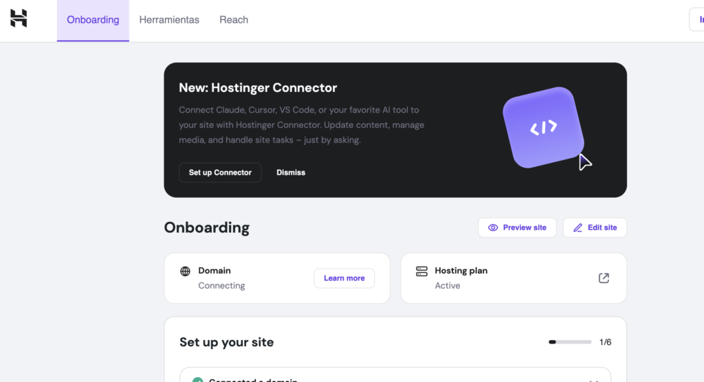 Panel de Hostinger después de configurar WordPress y el dominio