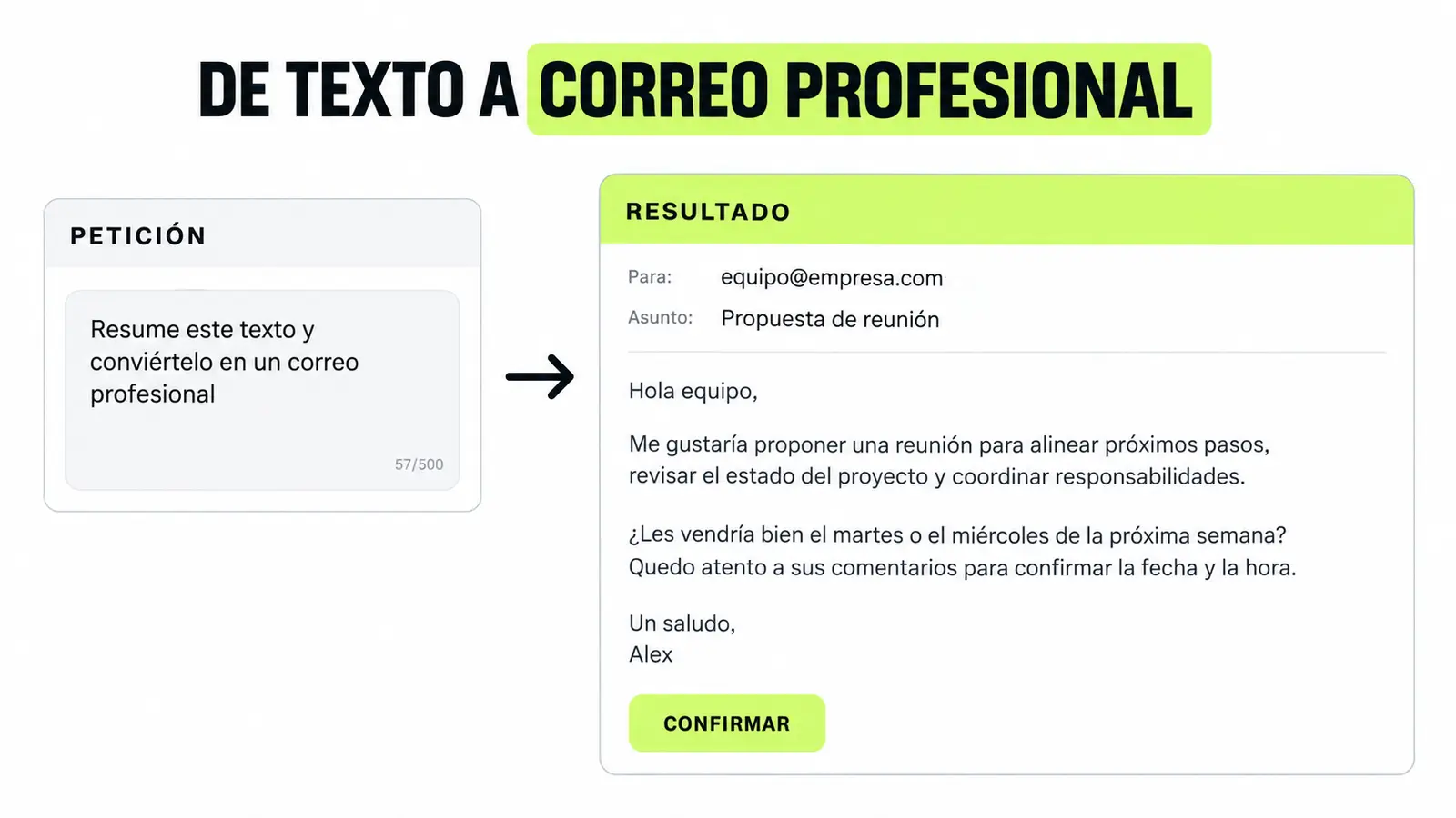 Ejemplo de una petición en Gemini convertida en un correo profesional