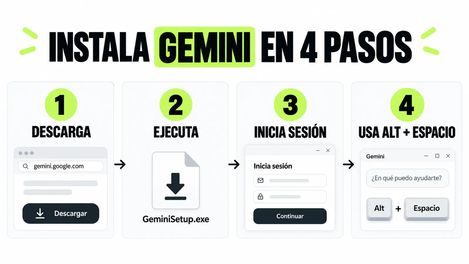 Infografía con cuatro pasos para instalar Gemini en Windows