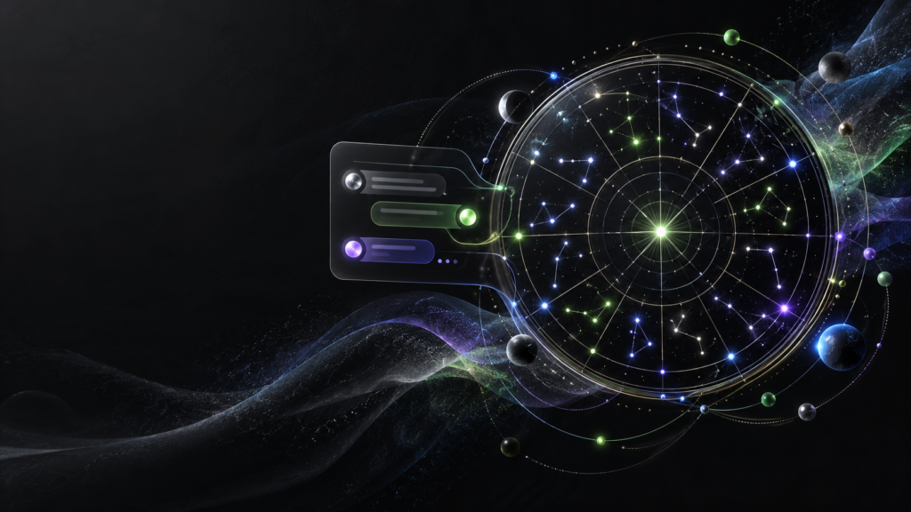 Carta natal abstracta conectada a una conversación con inteligencia artificial